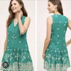 Maeve Anthropologie Pippa Swing Dress: Green Sleeveless Eyelet & Embroidered